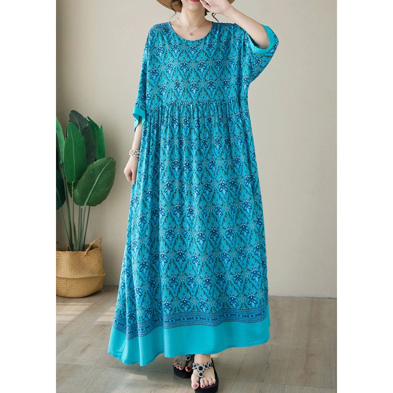 Blue Print Plus Size Cotton Long Dress O Neck Summer
