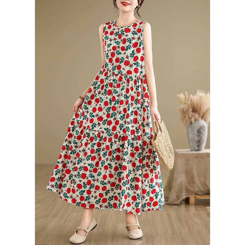 Bohemian Beige O Neck Print Cotton Long Dresses Sleeveless