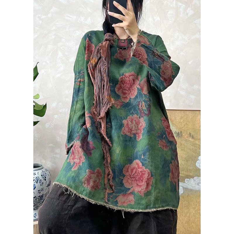 Bohemian Loose Green O Neck Print Linen Top Long Sleeve