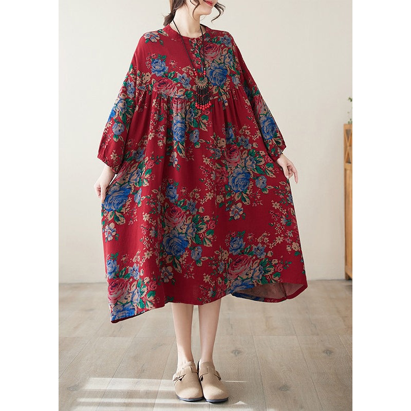 Bohemian Red O Neck Print Wrinkled Plus Size Cotton Dress Summer