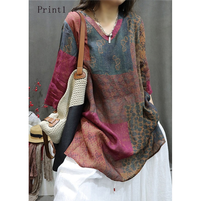 Bohemian V Neck Print Cotton Mid Shirts Half Sleeve
