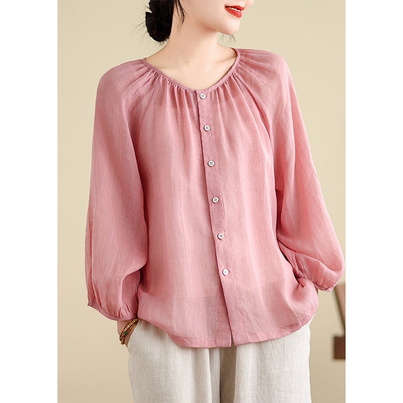 Brief Pink O-Neck Tops Puff Sleeve