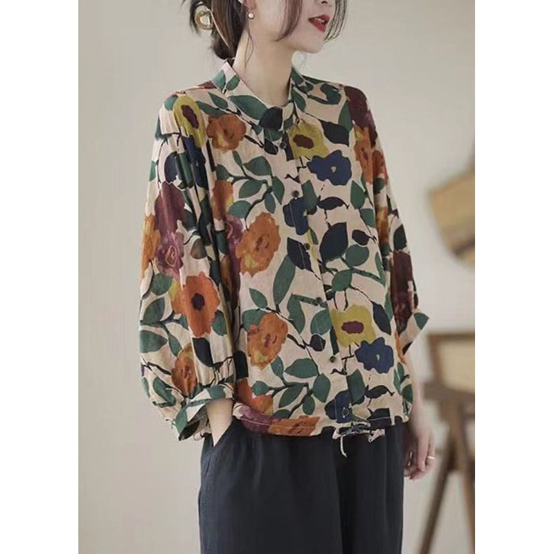 Casual Apricot Stand Collar Print Cotton Shirts Long Sleeve