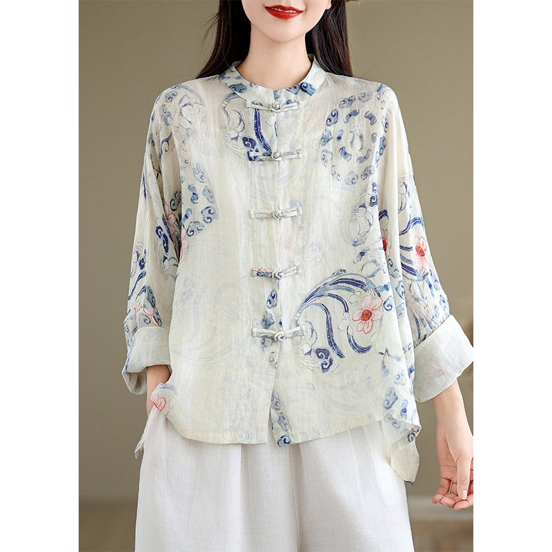 Chinese Style Cyan Stand Collar Print Shirts Long Sleeve