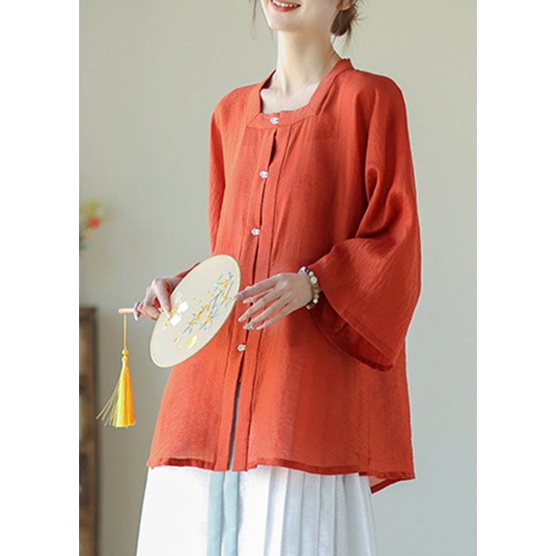 Chinese Style Red Patchwork Square Collar Silk Linen Top Fall