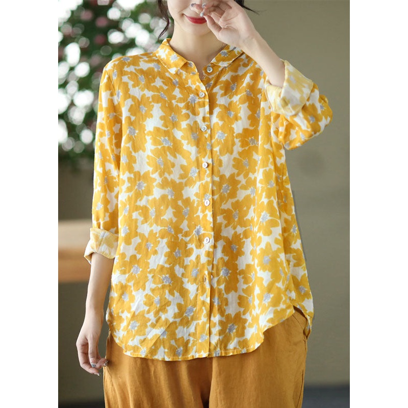 Organic Yellow Peter Pan Collar Print Cotton Shirts Long Sleeve