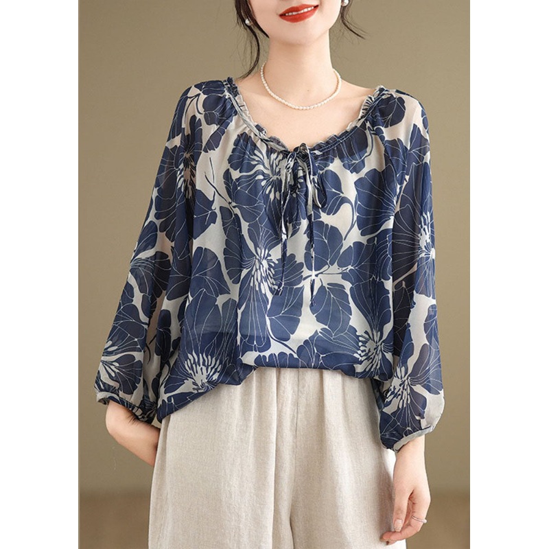 Plus Size Blue Ruffled Lace Up Print Chiffon Shirt Tops Summer