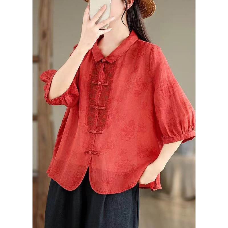 Retro Red Peter Pan Collar Embroidered Shirt Bracelet Sleeve