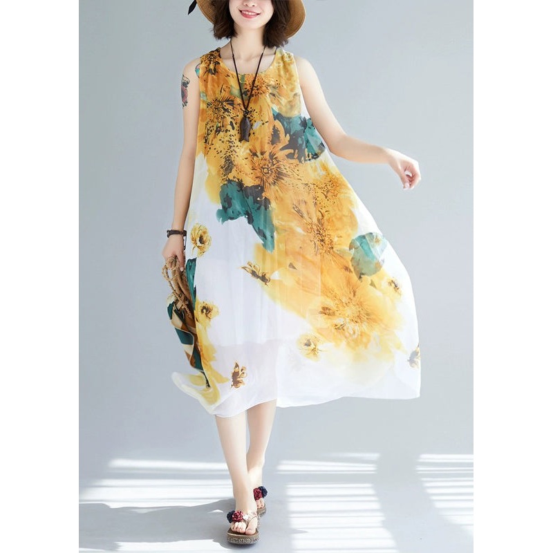 Stylish Yellow O-Neck Print Chiffon Dresses Sleeveless