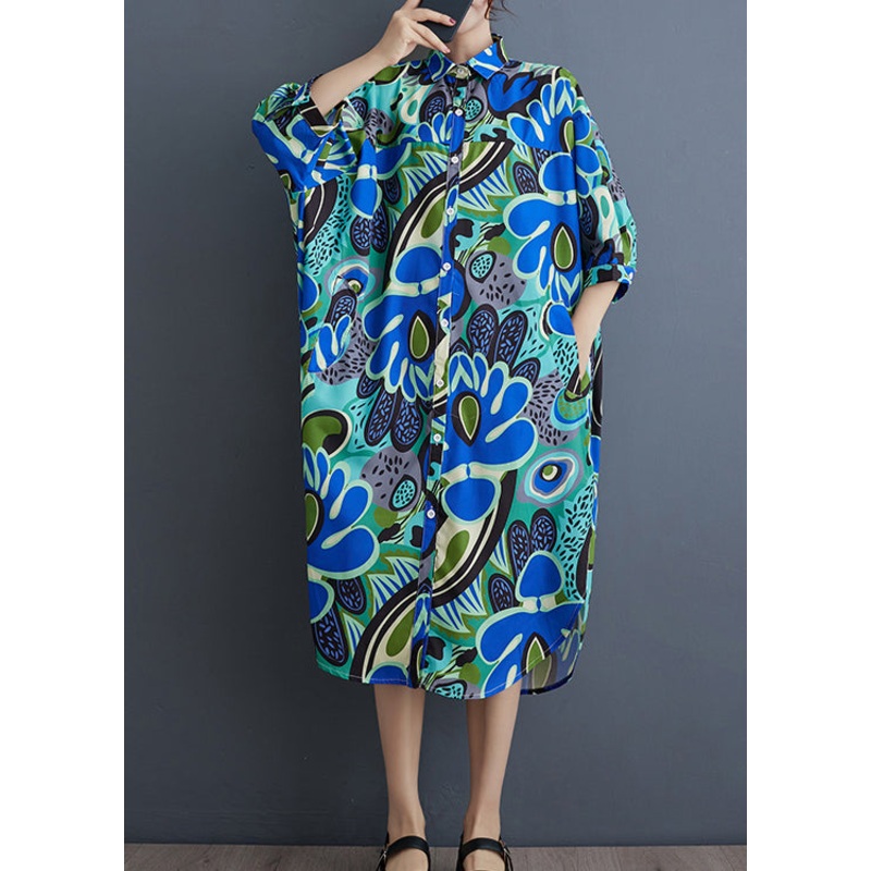 Unique Blue Peter Pan Collar Print Cotton Shirts Dresses Summer