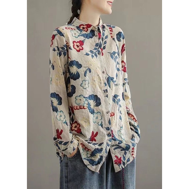 Unique Peter Pan Collar Print Cotton Shirts Long Sleeve
