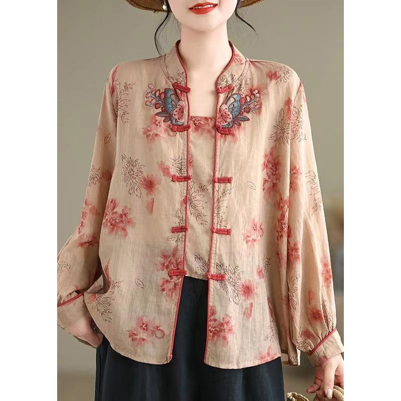 Vintage Stand Collar Print Button Shirt Fall