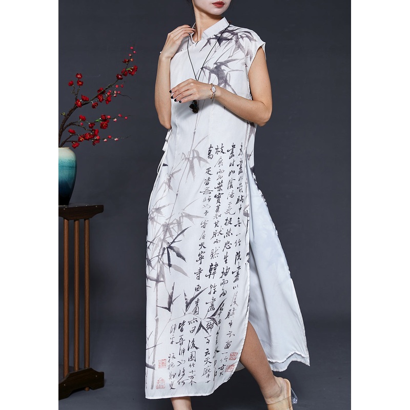 Vintage White Print Chiffon Vacation Dresses Cheongsam Sleeveless