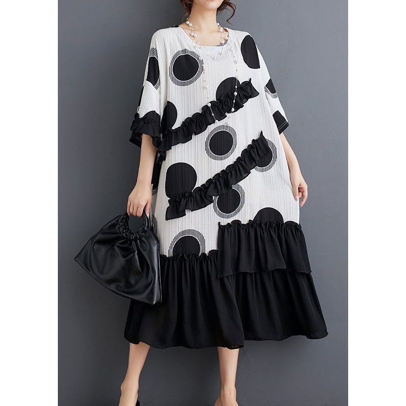 White Dot Print Patchwork Loose Chiffon Dress Ruffled Summer