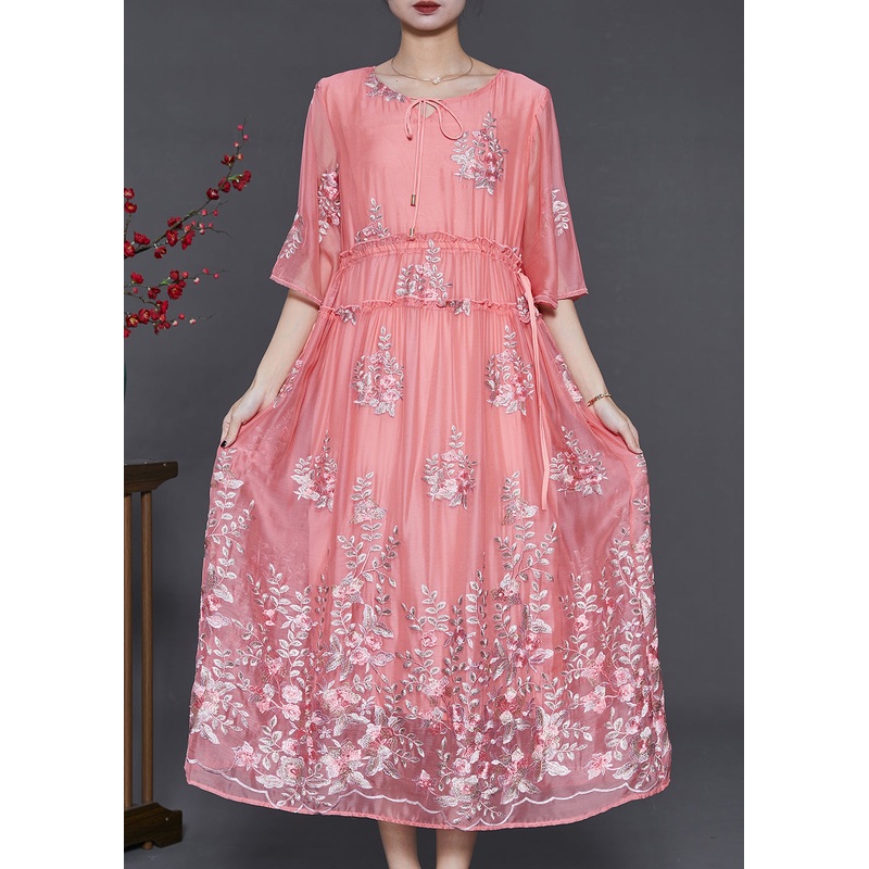 Women Pink Embroidered Silk Cinched Dress Summer