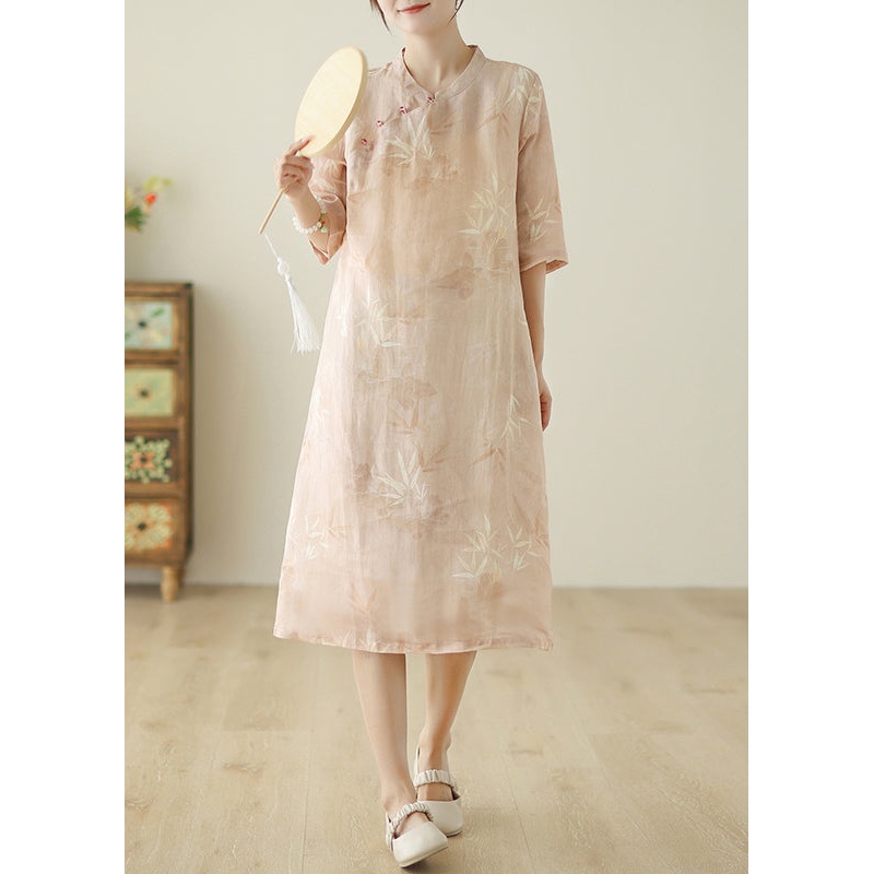 Women Pink Print Pockets Cotton Dress Half Sleeve
