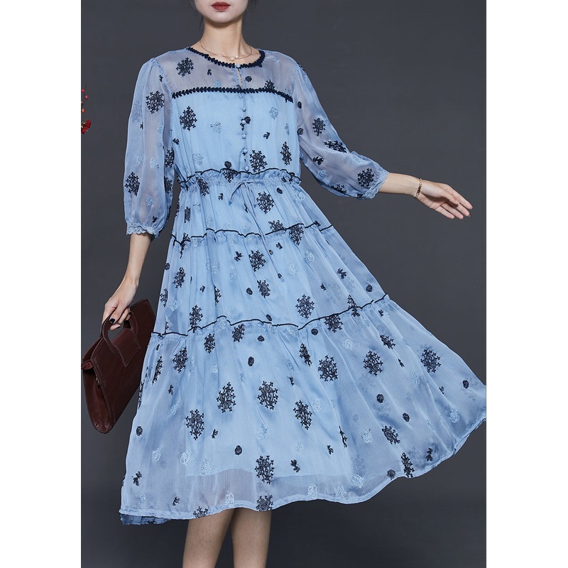 Women Sea Blue Embroidered Silk Cinched Dress Summer
