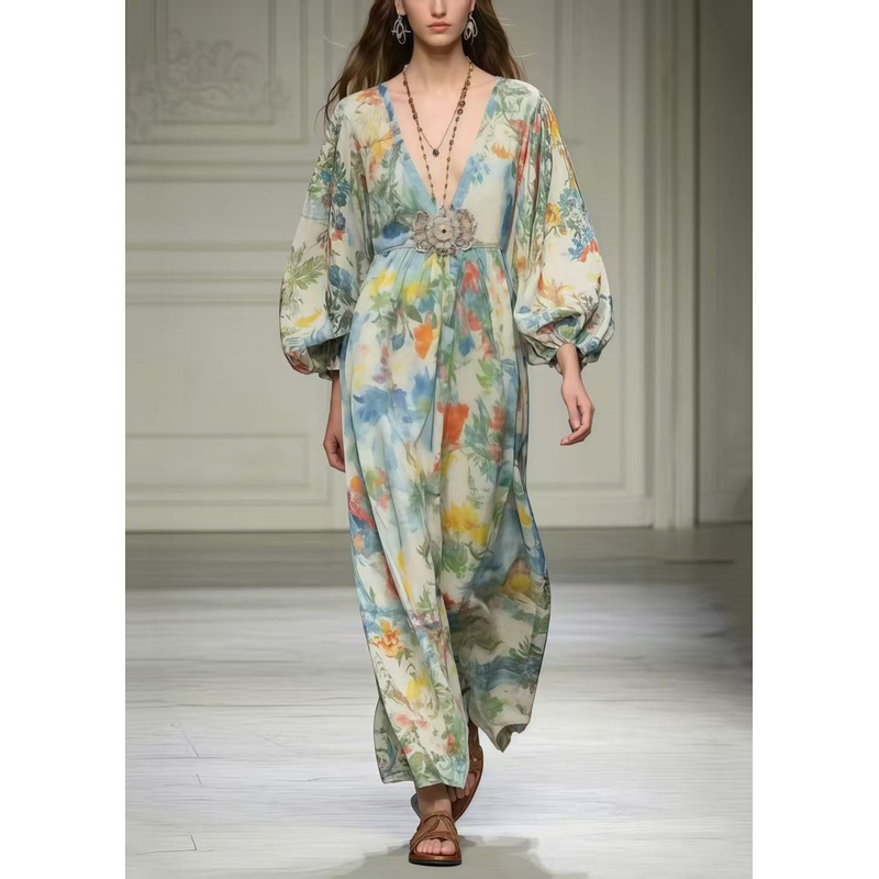 Art Apricot Print Chiffon Robe Dresses V Neck Spring