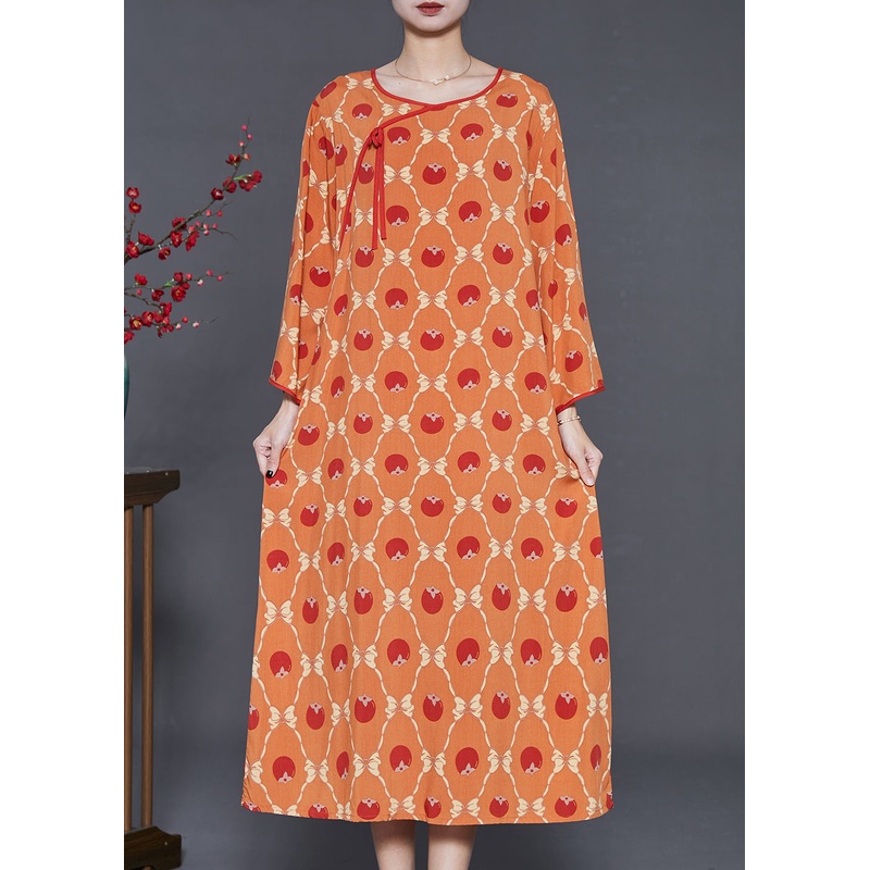 Art Orange Oversized Print Cotton Maxi Dresses Summer