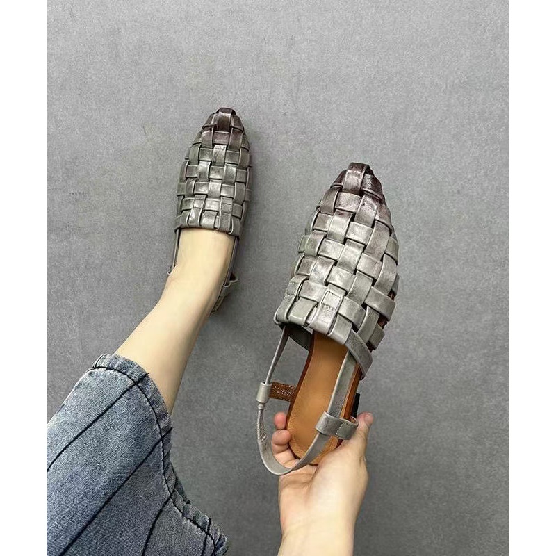 Beautiful Splicing Chunky Hollow Out Sandals Grey Cowhide Leather