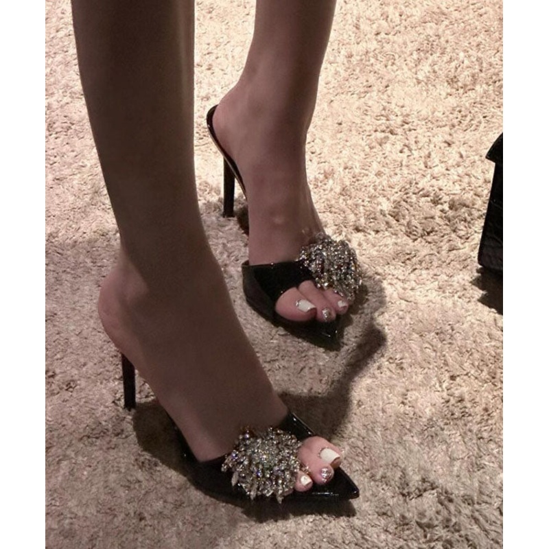 Black Stiletto Faux Leather Fashion Slide Sandals Zircon