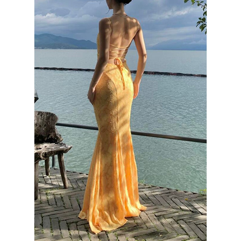 Bohemian Yellow Backless Lace Maxi Spaghetti Strap FishTail Dress Sleeveless
