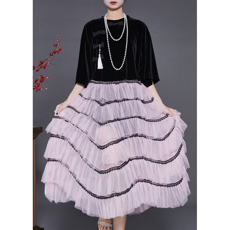 Boho Black Tasseled Patchwork Chinese Button Tulle Dress Summer