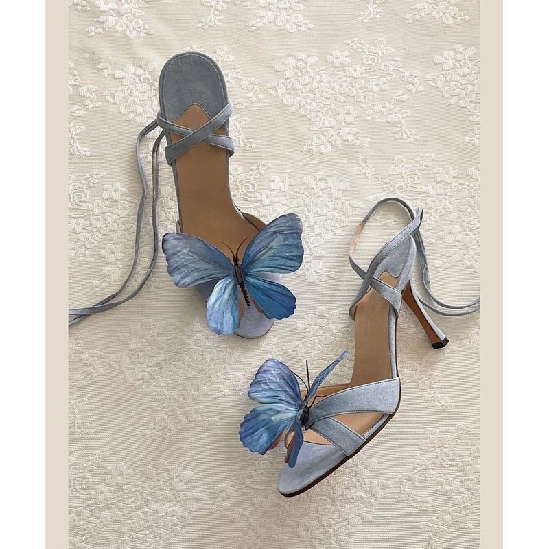 New Green Butterfly Flower Stiletto Sandals Lace Up