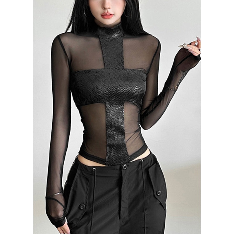 Sexy Black Turtleneck Sheer Tulle Top Spring