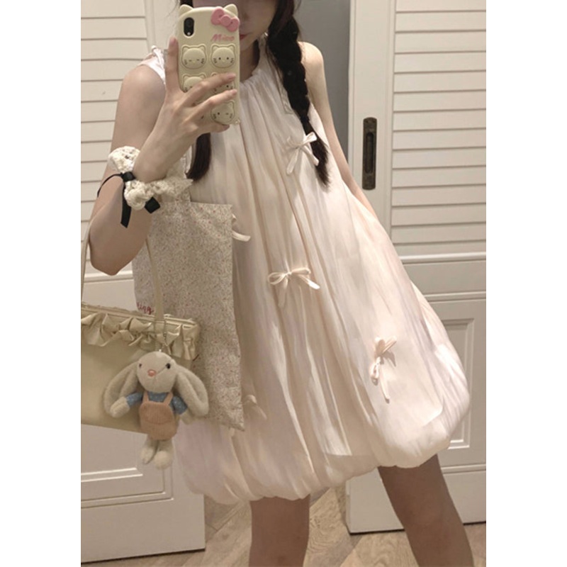 Stylish Pink Lace Up Bow Cotton Mid Dress Sleeveless