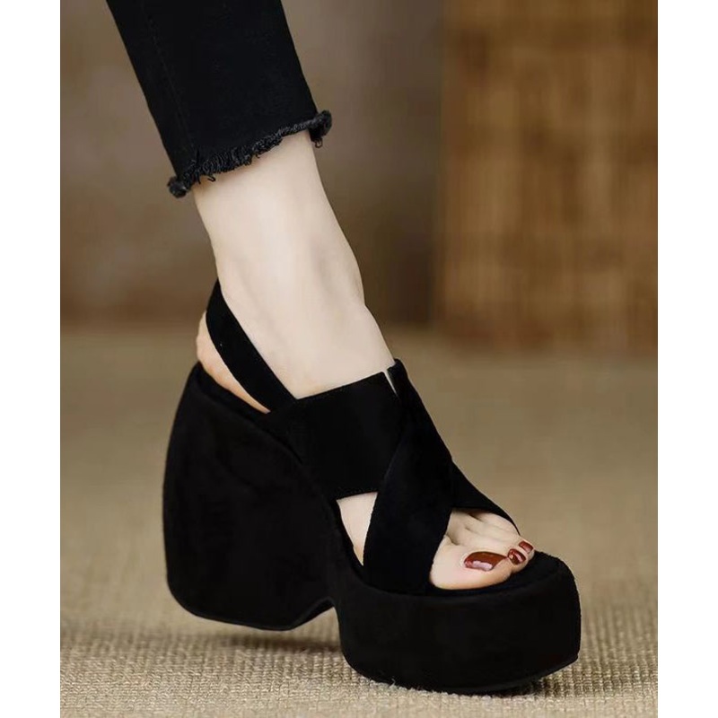 Stylish Splicing Wedge Heels Sandals Black Suede Peep Toe