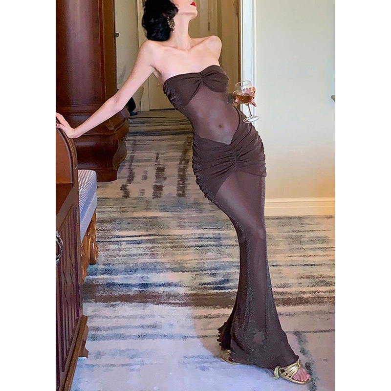 Unique Brown Cold Shoulder Sheer Wrinkled Silk Maxi Dress Sleeveless