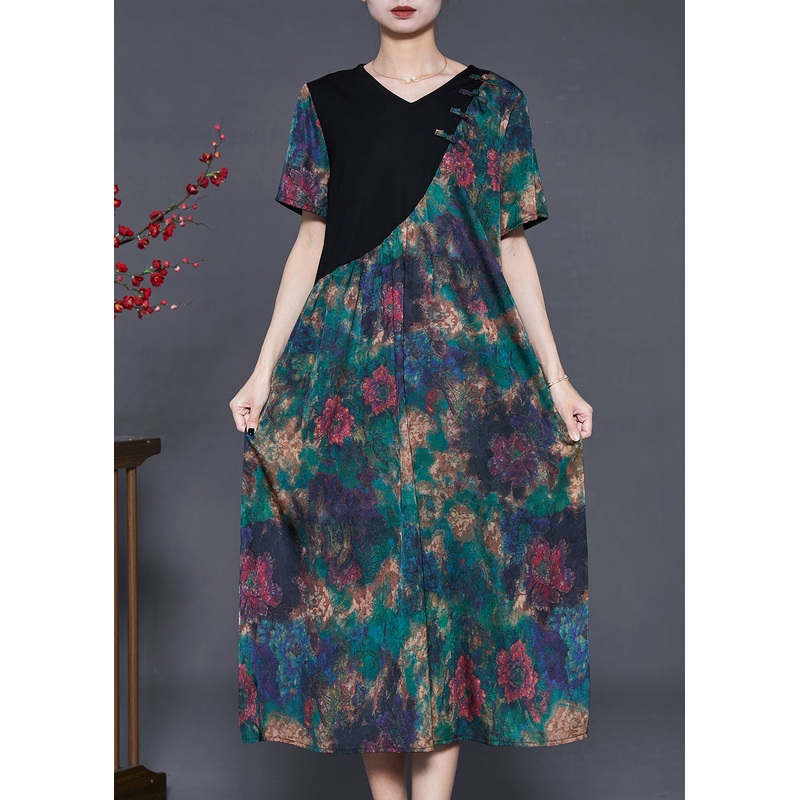 Vintage Green Tie Dye Patchwork Silk Oriental Dress Summer