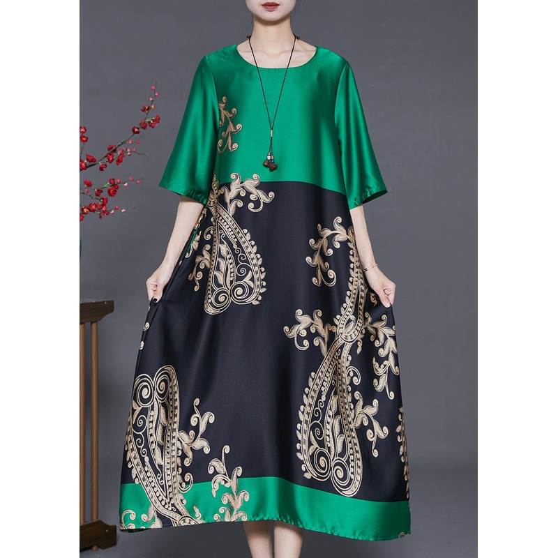 Vintage Peacock Green Oversized Patchwork Silk Holiday Dress Summer