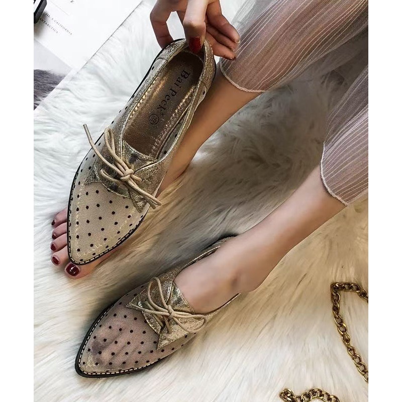 Women Apricot Splicing Flats Black Tulle Lace Up Pointed Toe