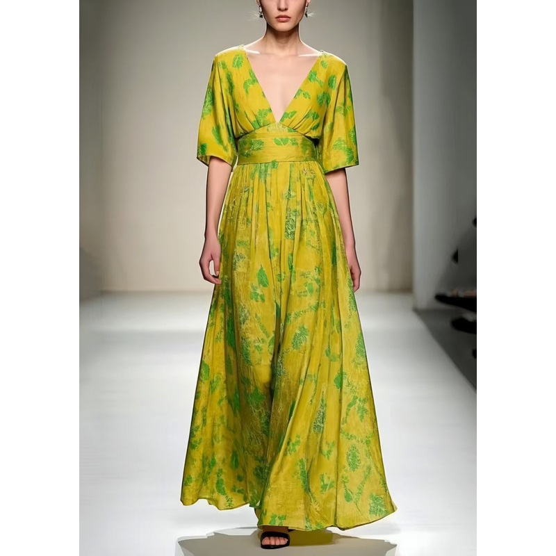Women Grass Green V Neck Print Cotton Vacation Dresses Summer