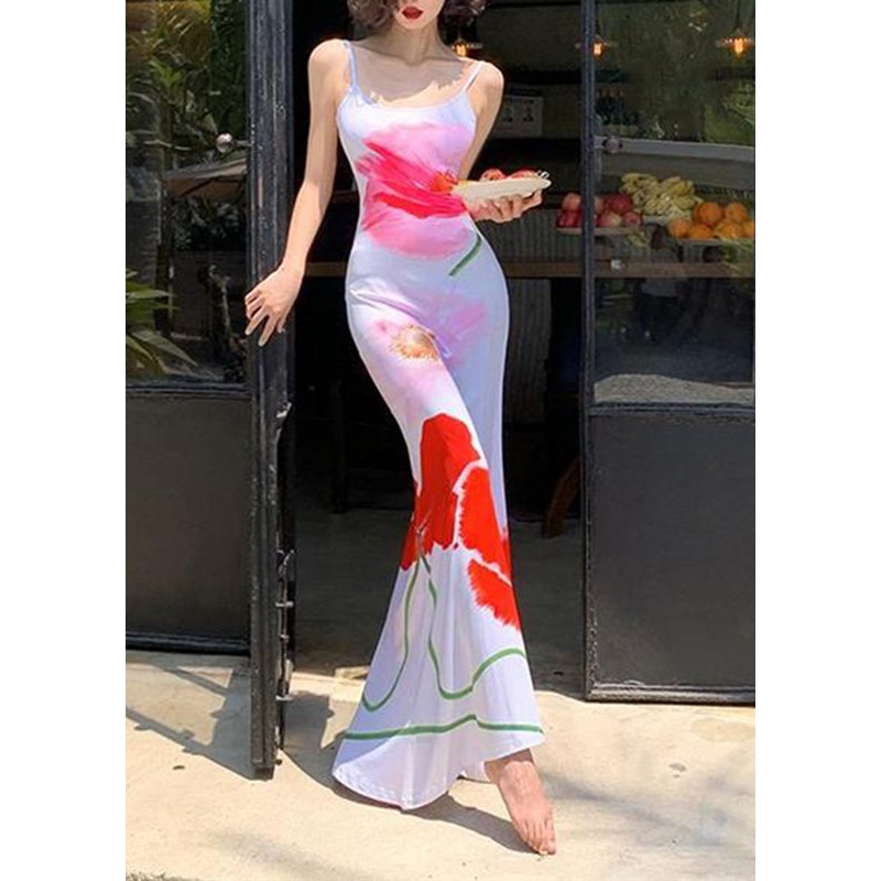 Women White Print Silk Maxi Spaghetti Strap Dress Sleeveless
