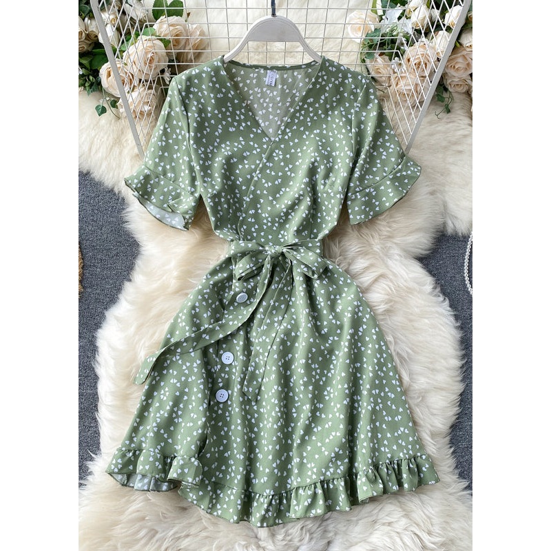 Art Green V Neck Print Tie Waist Cotton Mid Dress Summer