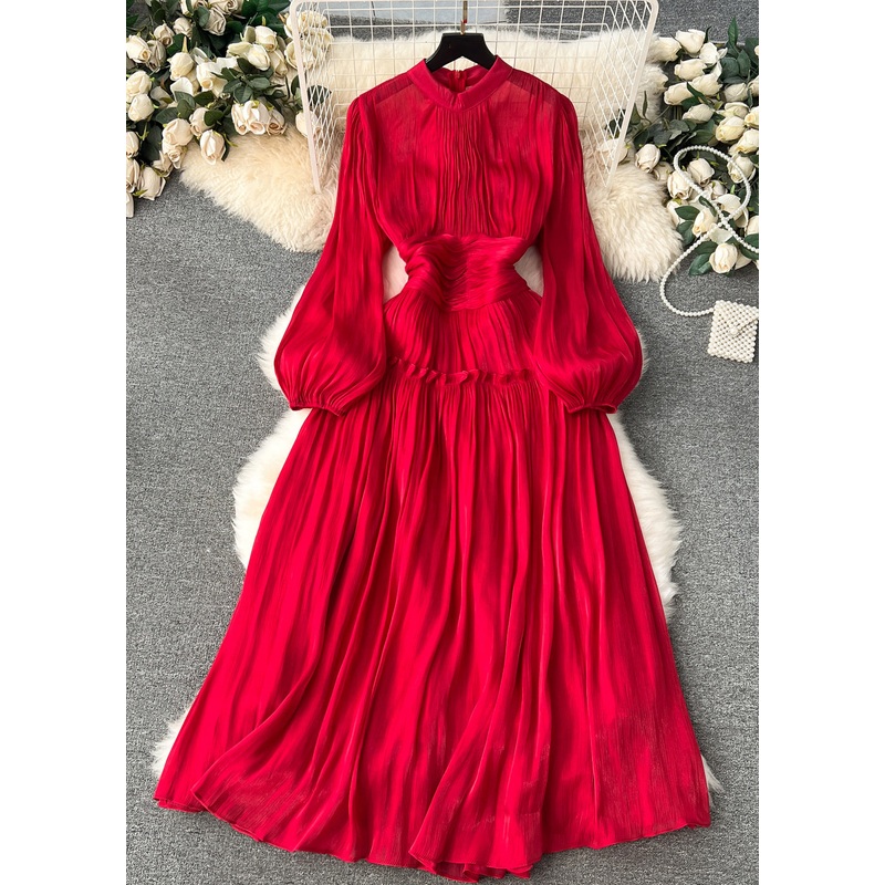 Art Red Wrinkled Solid Patchwork Silk Cotton Dress Long Sleeve