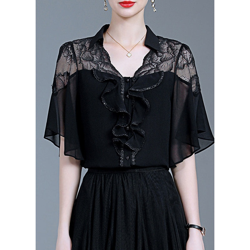 Beautiful Black Ruffled Lace Patchwork Chiffon Shirt Summer