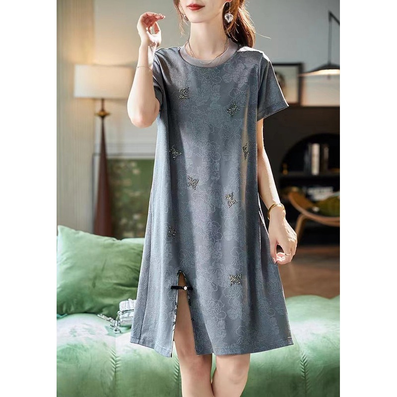 Beautiful Grey O Neck Zircon Jacquard Side Open Silk Dresses Summer