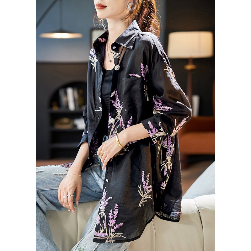 Casual Black Peter Pan Collar Embroidered Silk Shirt Top Long Sleeve