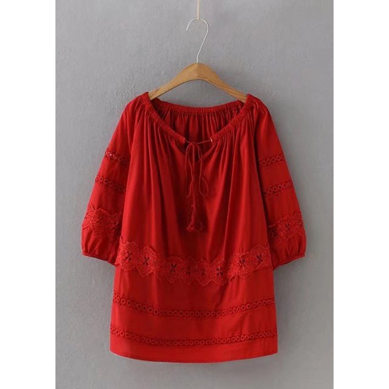Chic Red Lace Patchwork Hollow Out Shirt Long Sleeve