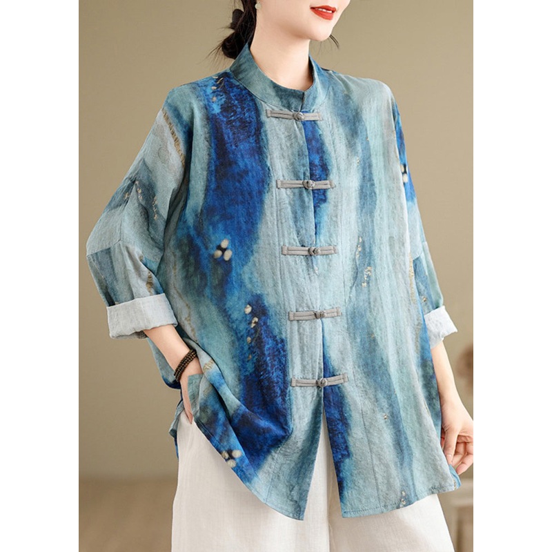 Chinese Style Blue Stand Collar Tie Dye Shirt Long Sleeve