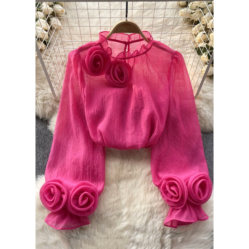Elegant Rose Ruffled Solid Chiffon Tops Long Sleeve