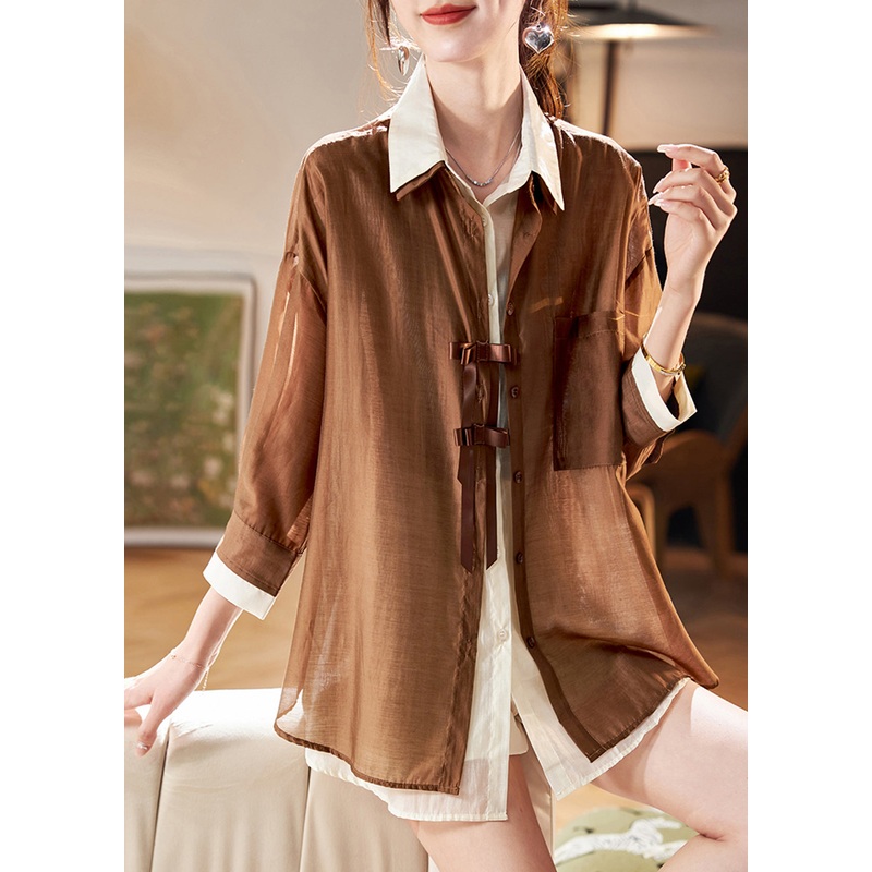 Original Coffee Peter Pan Collar False Two Pieces Chiffon Shirts Long Sleeve
