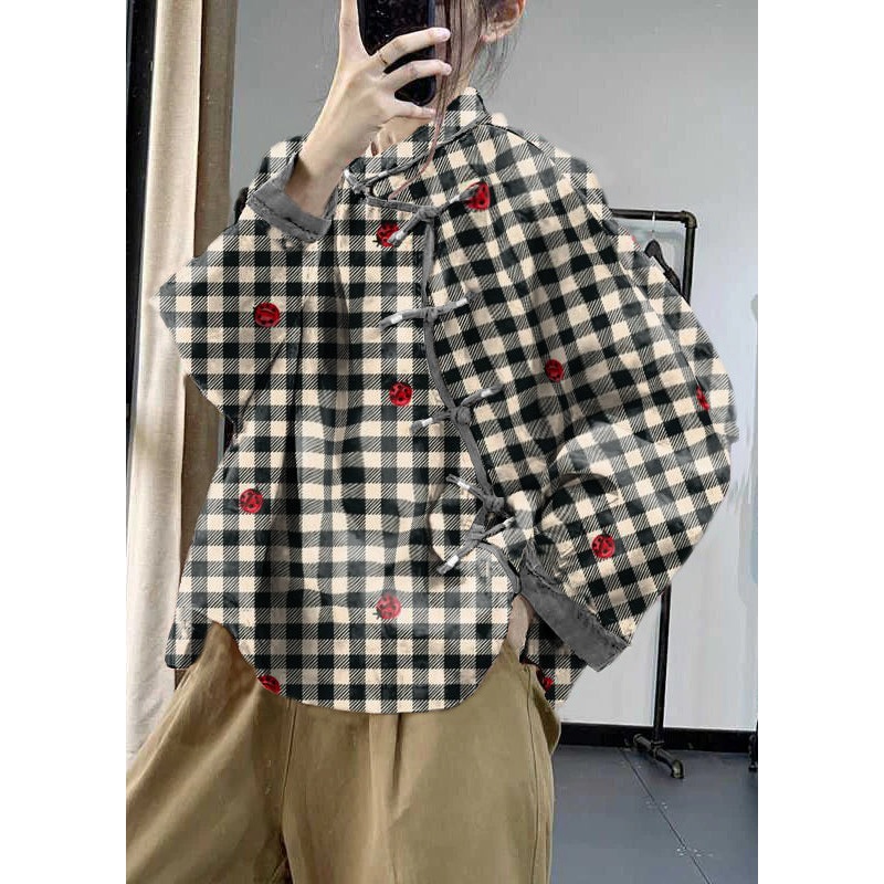 Simple Black Plaid Asymmetrical Print Linen Blouse Tops Spring