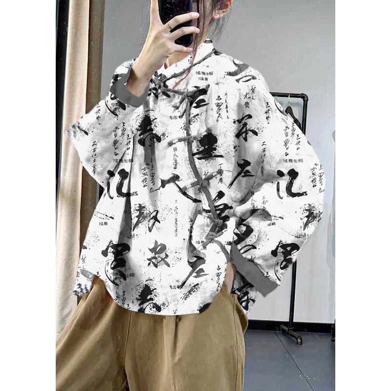 Simple White Text Asymmetrical Print Linen Blouse Tops Spring