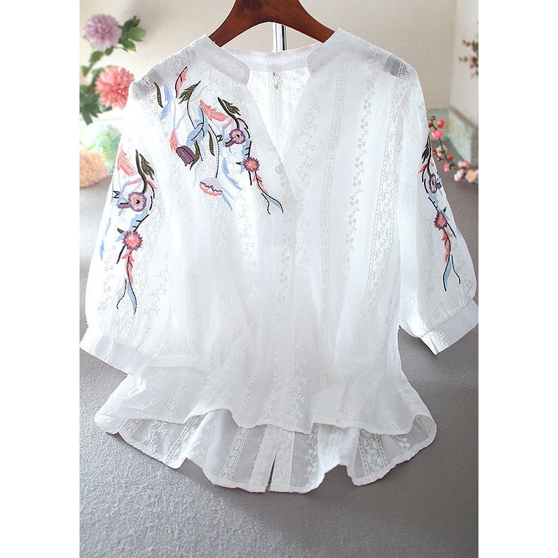Simple White V Neck Embroidered Low High Design Shirt Bracelet Sleeve