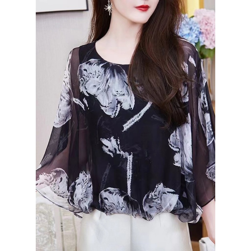 Style Black O-Neck Print Asymmetrical Chiffon Shirt Fall